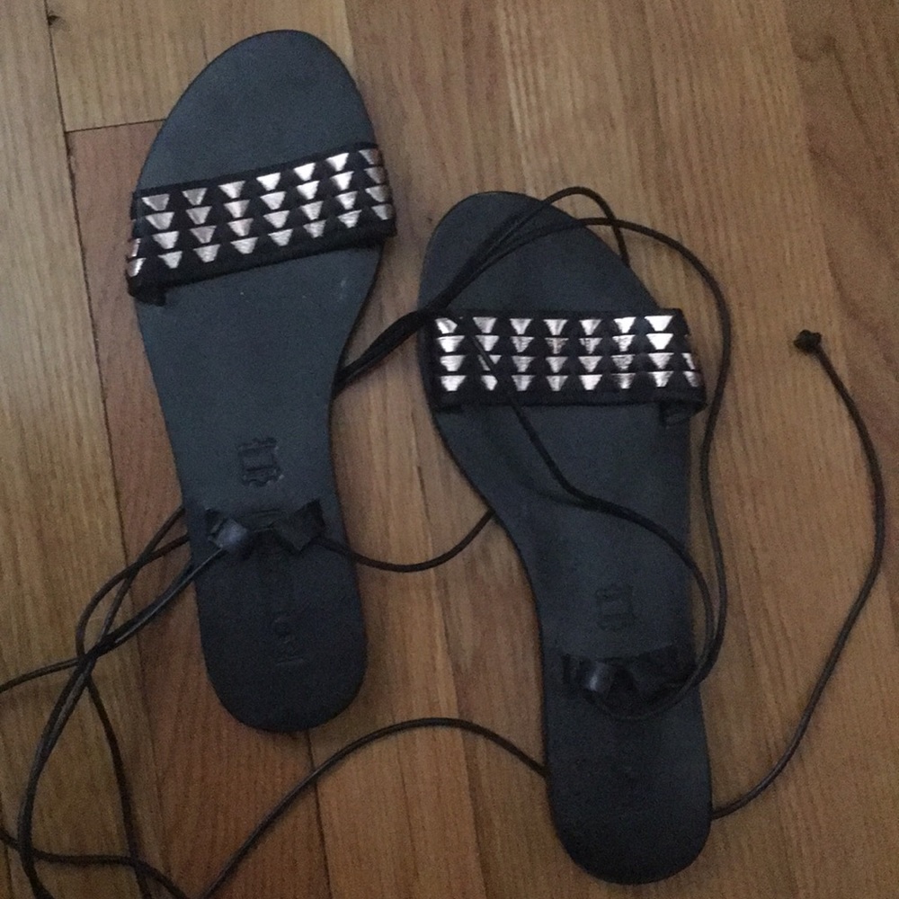 Sol Sams black lace up sandals w/ gold embroidery